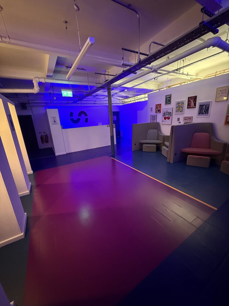Reception with booth seating and framed prints